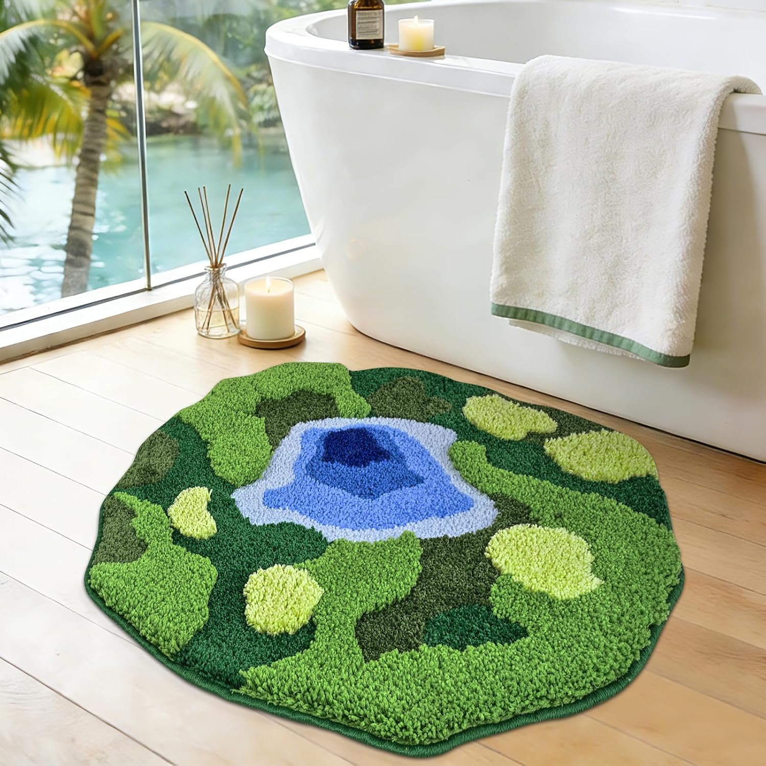 Thick Green Chenille Round Bathroom Mat - Image 2